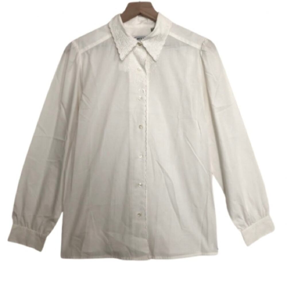 Vintage 90's Witt Shirt Collection Ivory Embroider Scallop Button Up Top Size 10